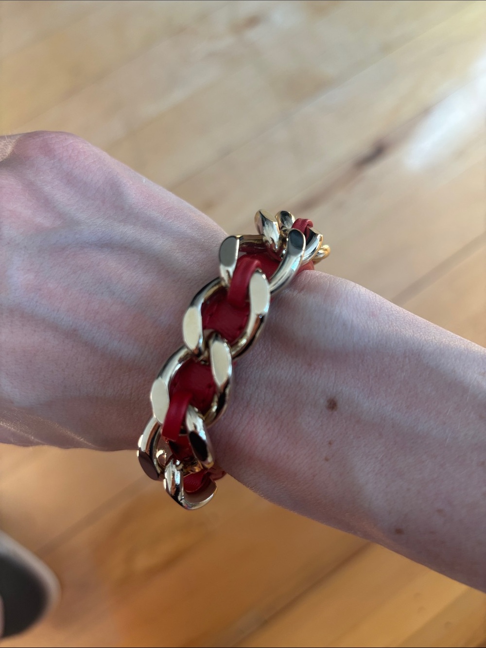Burberry Gold Chain Bracelet with Red Leather
